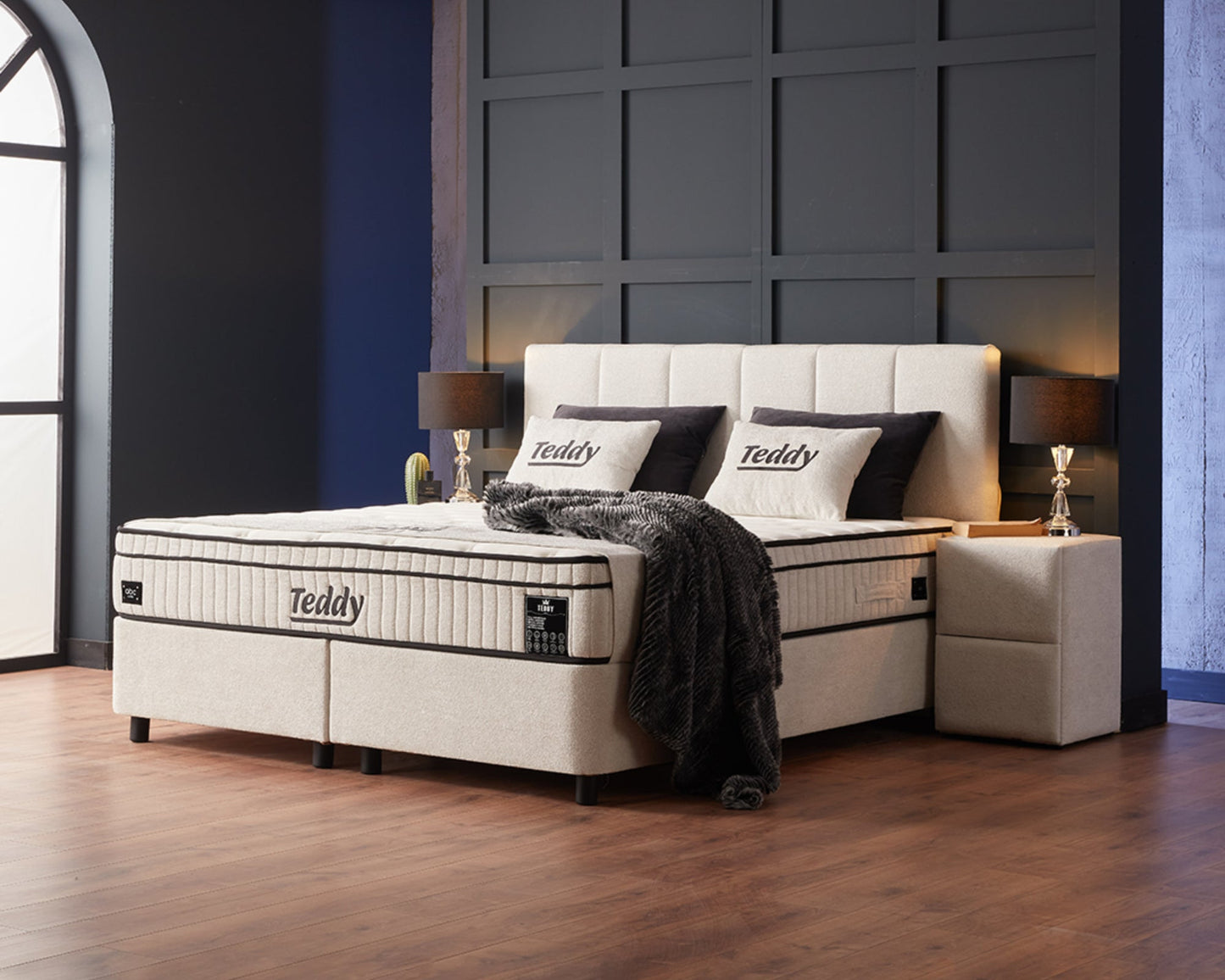 Boxspringbett Teddy Cremeweiß Voll-orthopädisches Komfortbett mit Bettkasten, Stauraum, inkl. kostenlose Lieferung und Montage