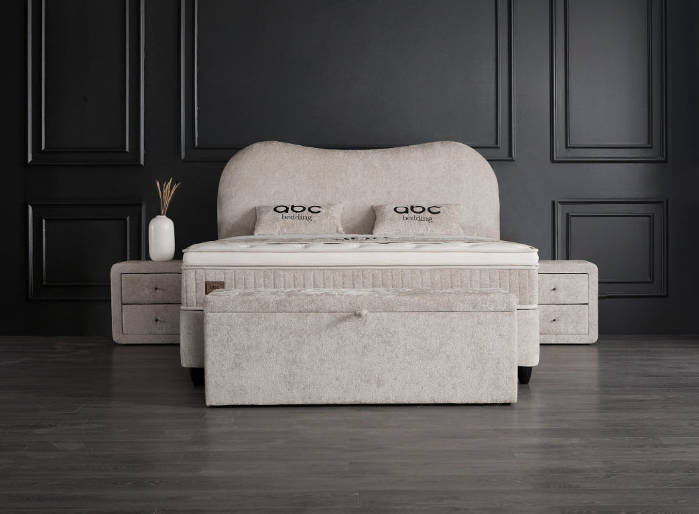 Boxspringbett Sofia Beige Voll-orthopädisches Komfortbett mit Bettkasten, Stauraum, inkl. kostenlose Lieferung und Montage