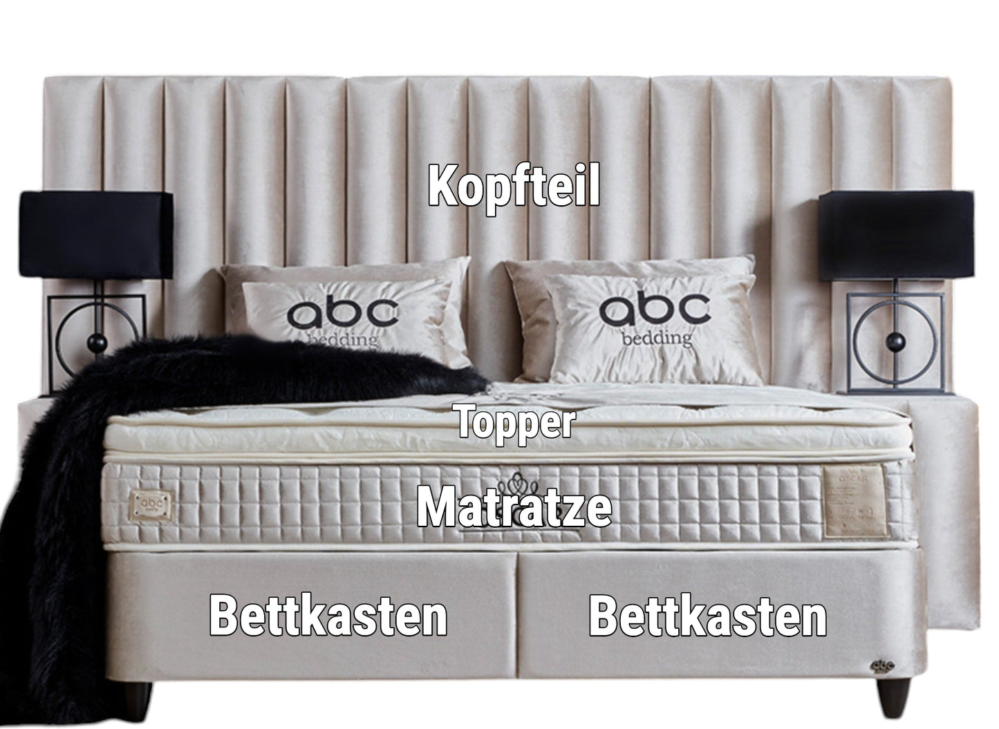Boxspringbett Oscar Beige Voll-orthopädisches Komfortbett mit Bettkasten, Stauraum, inkl. kostenlose Lieferung und Montage