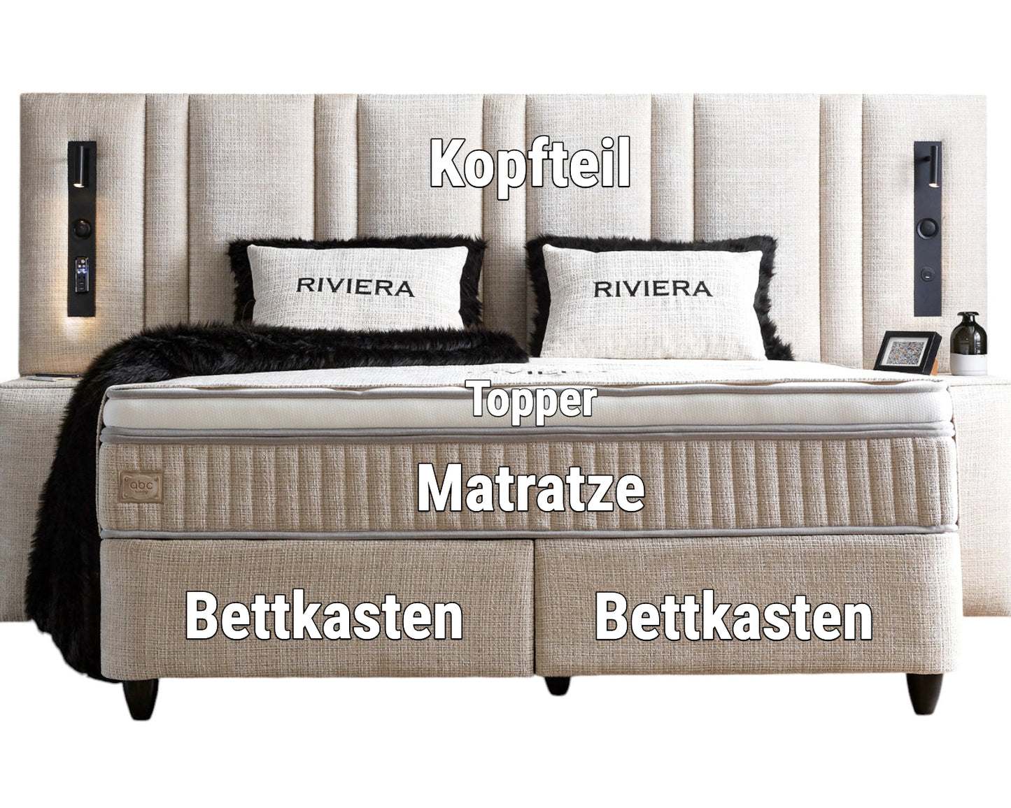 Boxspringbett Riviera Sandbeige Voll-orthopädisches Komfortbett mit Bettkasten, Stauraum, inkl. kostenlose Lieferung und Montage, inkl. Beleuchtung und integrierten USB-Steckdose im Kopfteil