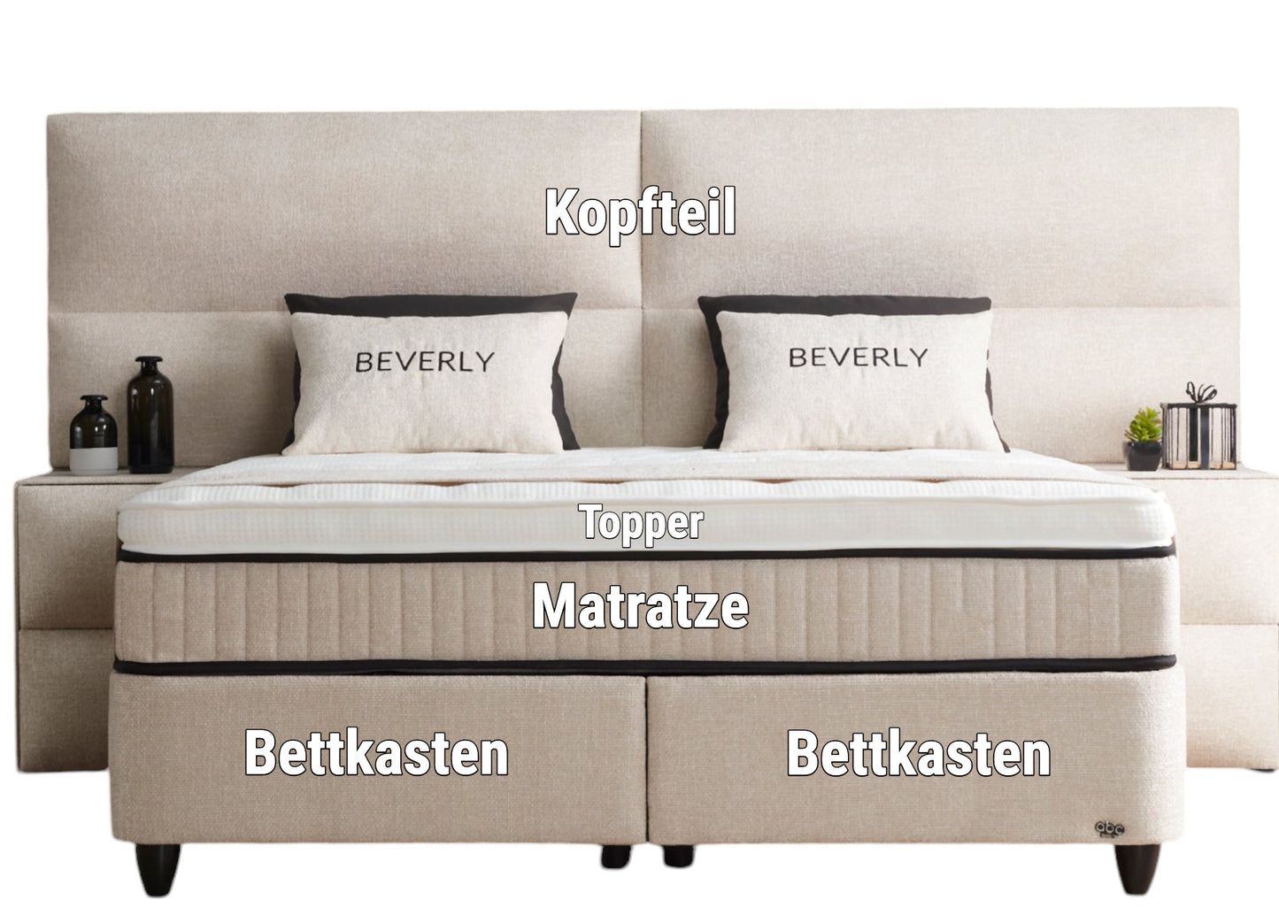 Boxspringbett Beverly Beige Voll-orthopädisches Komfortbett mit Bettkasten, Stauraum, inkl. kostenlose Lieferung und Montage