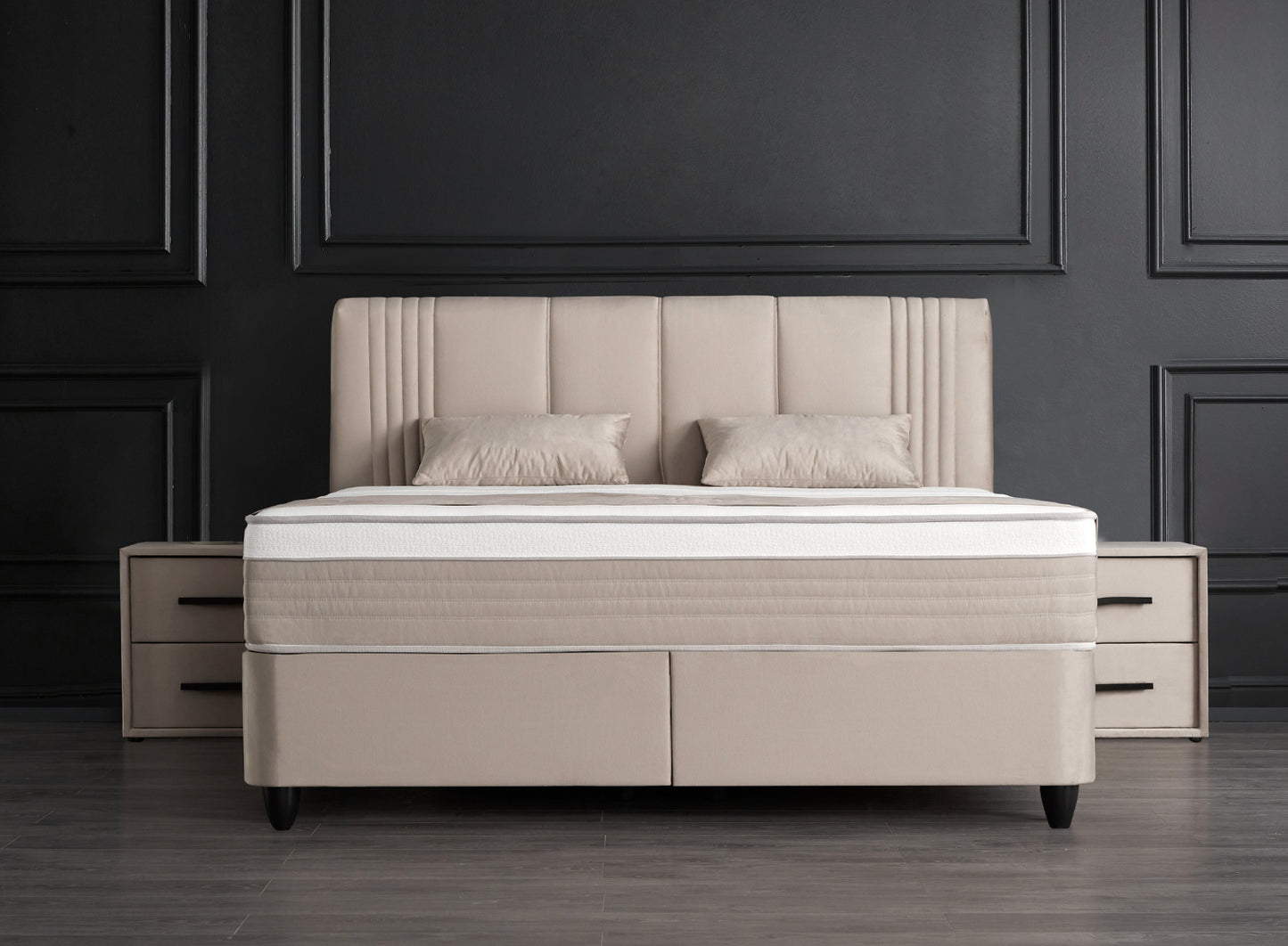 Boxspringbett Belicia Beige Voll-orthopädisches Komfortbett mit Bettkasten, Stauraum, inkl. kostenlose Lieferung und Montage