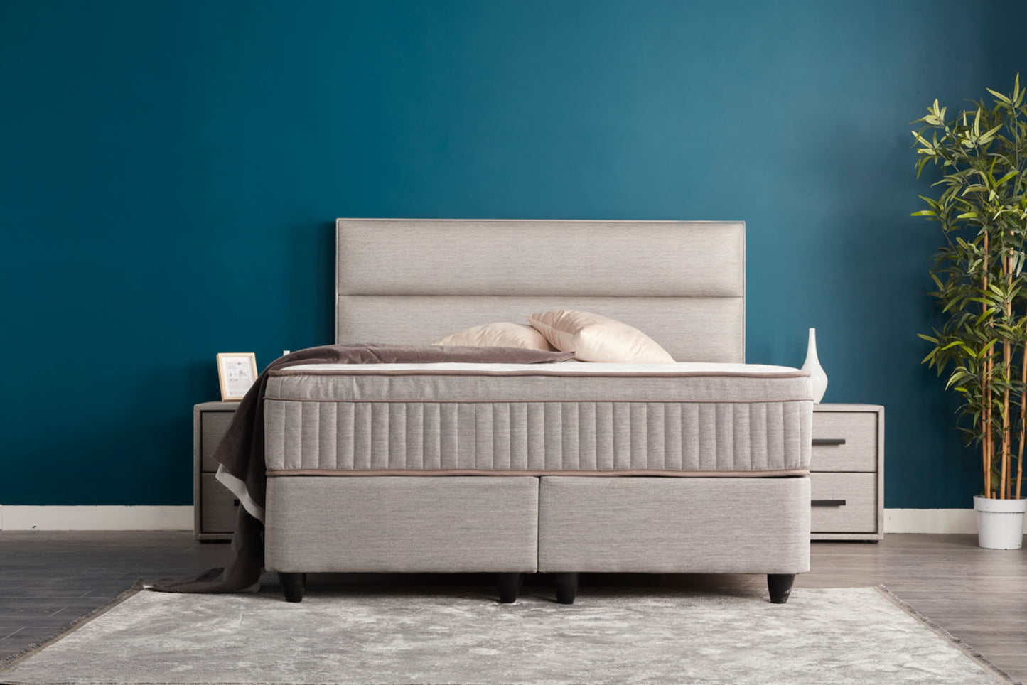 Boxspringbett Suna Hellgrau Voll-orthopädisches Komfortbett mit Bettkasten, Stauraum, inkl. kostenlose Lieferung und Montage