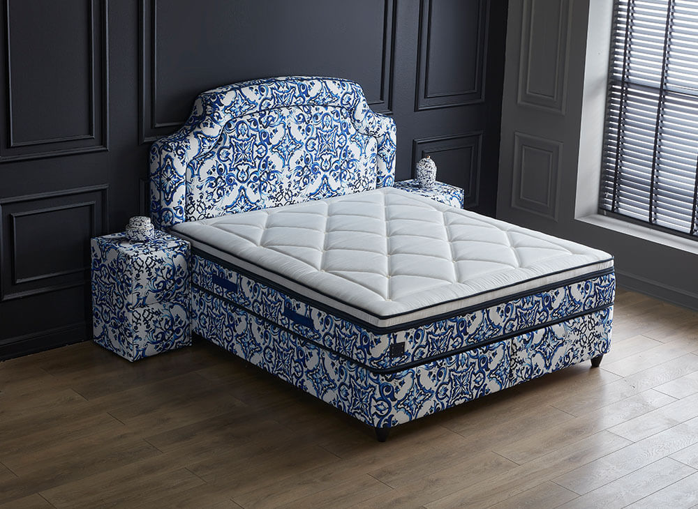 Boxspringbett Calienna im Dolce Gabbana Majolica Design Voll-orthopädisches Komfortbett mit Bettkasten, Stauraum, inkl. kostenlose Lieferung und Montage