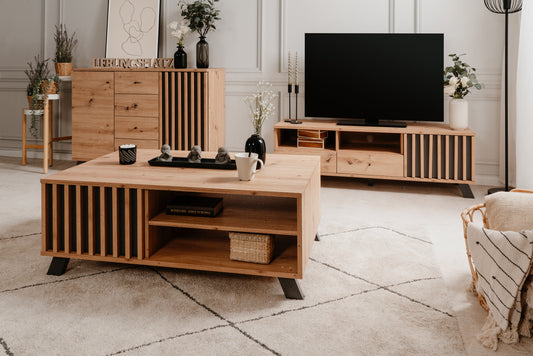 Wohnzimmer-Set Finori Medan Artisan-Oak/Anthrazit mit Lamelenelementen 4-teilig