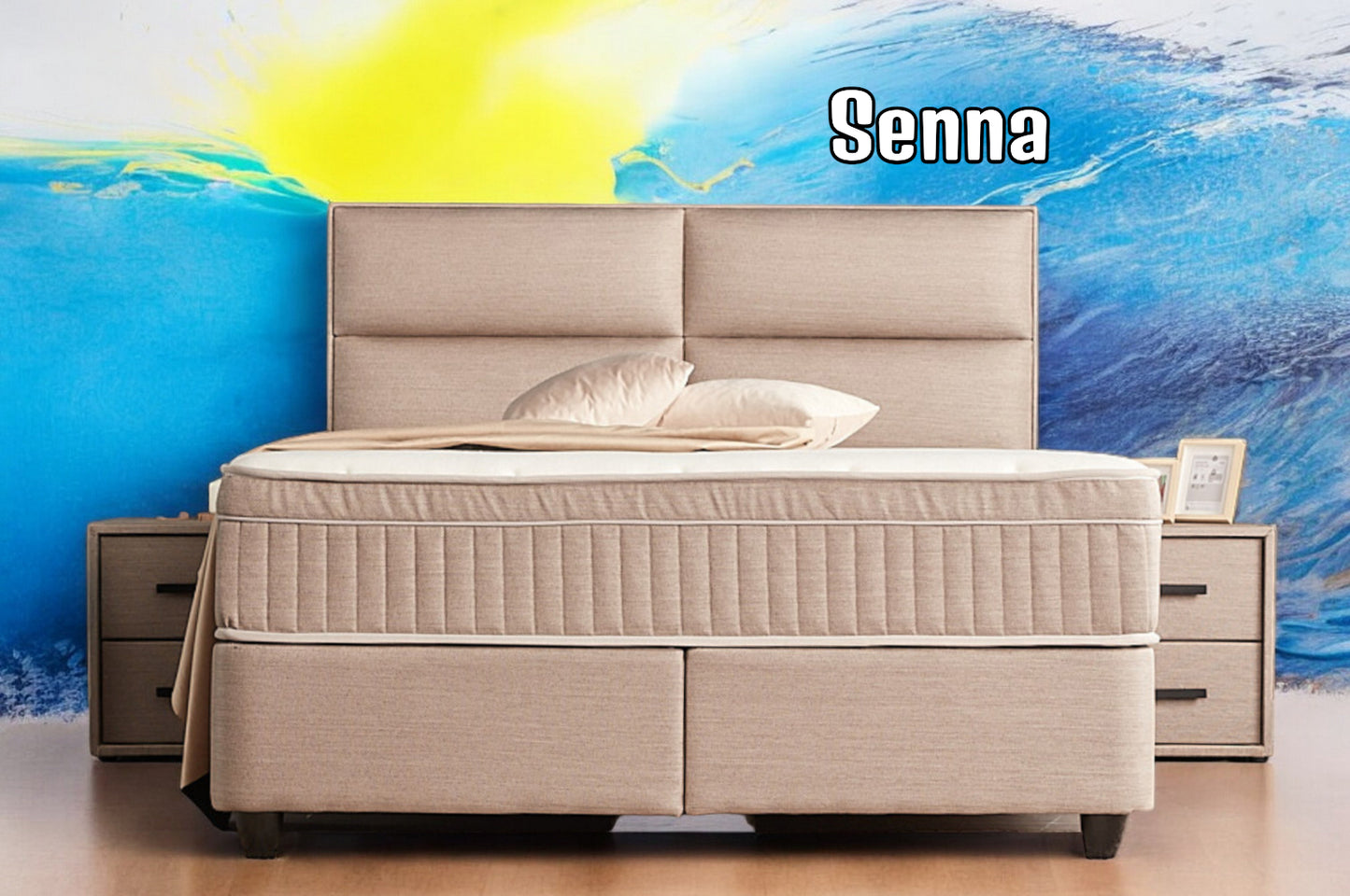 Boxspringbett Senna Beige/Braun Voll-orthopädisches Komfortbett mit Bettkasten, Stauraum, inkl. kostenlose Lieferung und Montage