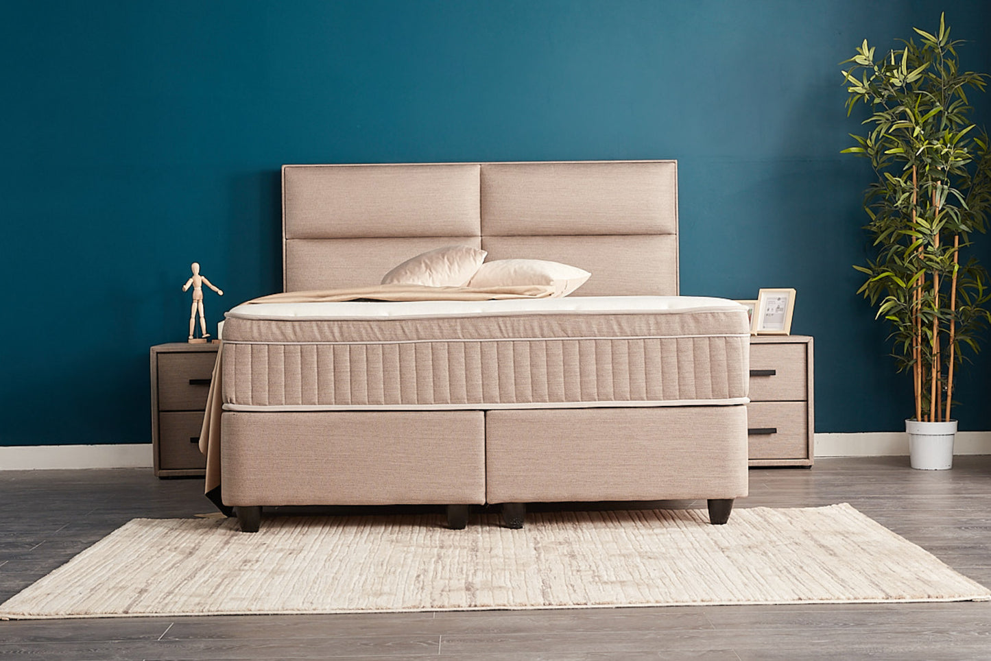 Boxspringbett Senna Beige/Braun Voll-orthopädisches Komfortbett mit Bettkasten, Stauraum, inkl. kostenlose Lieferung und Montage