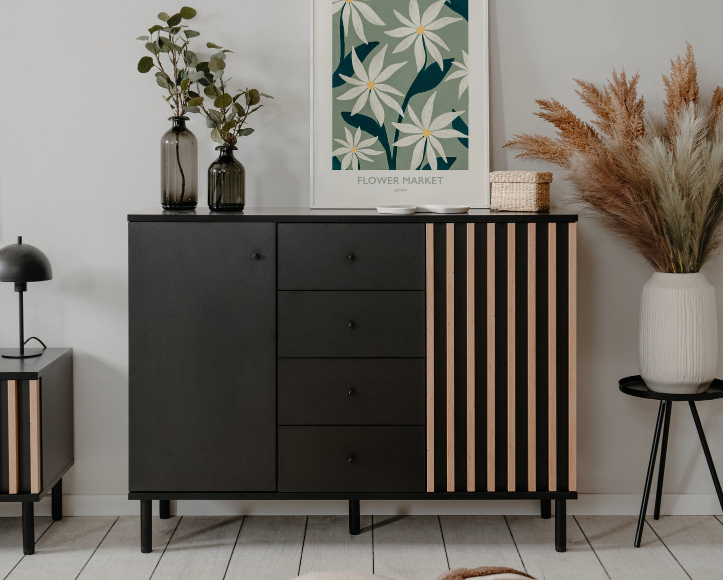 Wohnzimmer-Set Finori Monza Schwarz/Artisan-Oak mit Lamelenelemente 4-teilig
