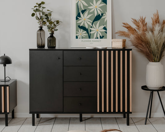 Wohnzimmer-Set Finori Monza Schwarz/Artisan-Oak mit Lamelenelemente 4-teilig