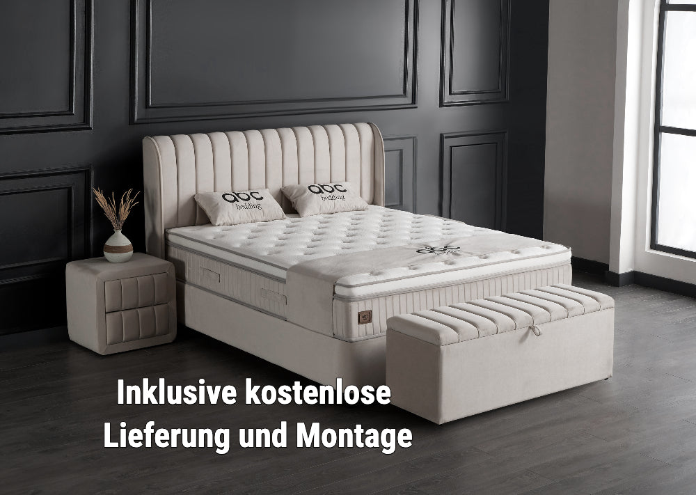 Boxspringbett Mabel Beige Voll-orthopädisches Komfortbett mit Bettkasten, Stauraum, inkl. kostenlose Lieferung und Montage