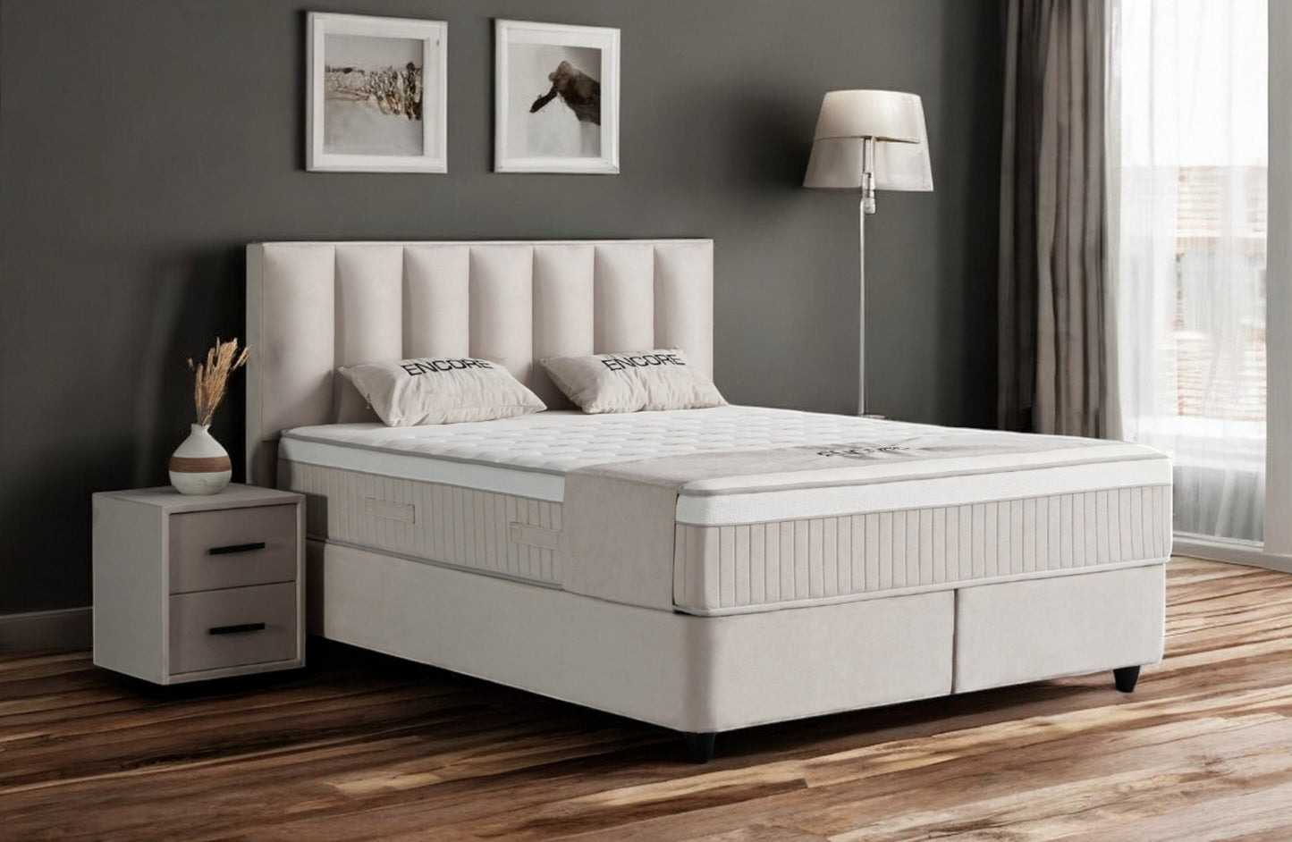 Boxspringbett Encore Beige Voll-orthopädisches Komfortbett mit Bettkasten, Stauraum, inkl. kostenlose Lieferung und Montage