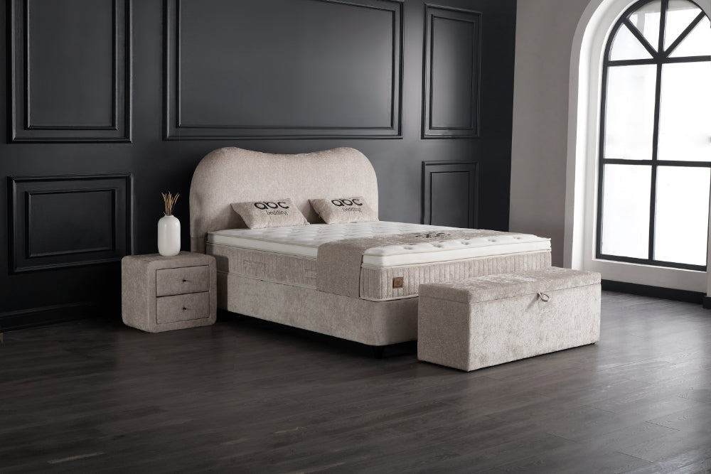 Boxspringbett Sofia Beige Voll-orthopädisches Komfortbett mit Bettkasten, Stauraum, inkl. kostenlose Lieferung und Montage