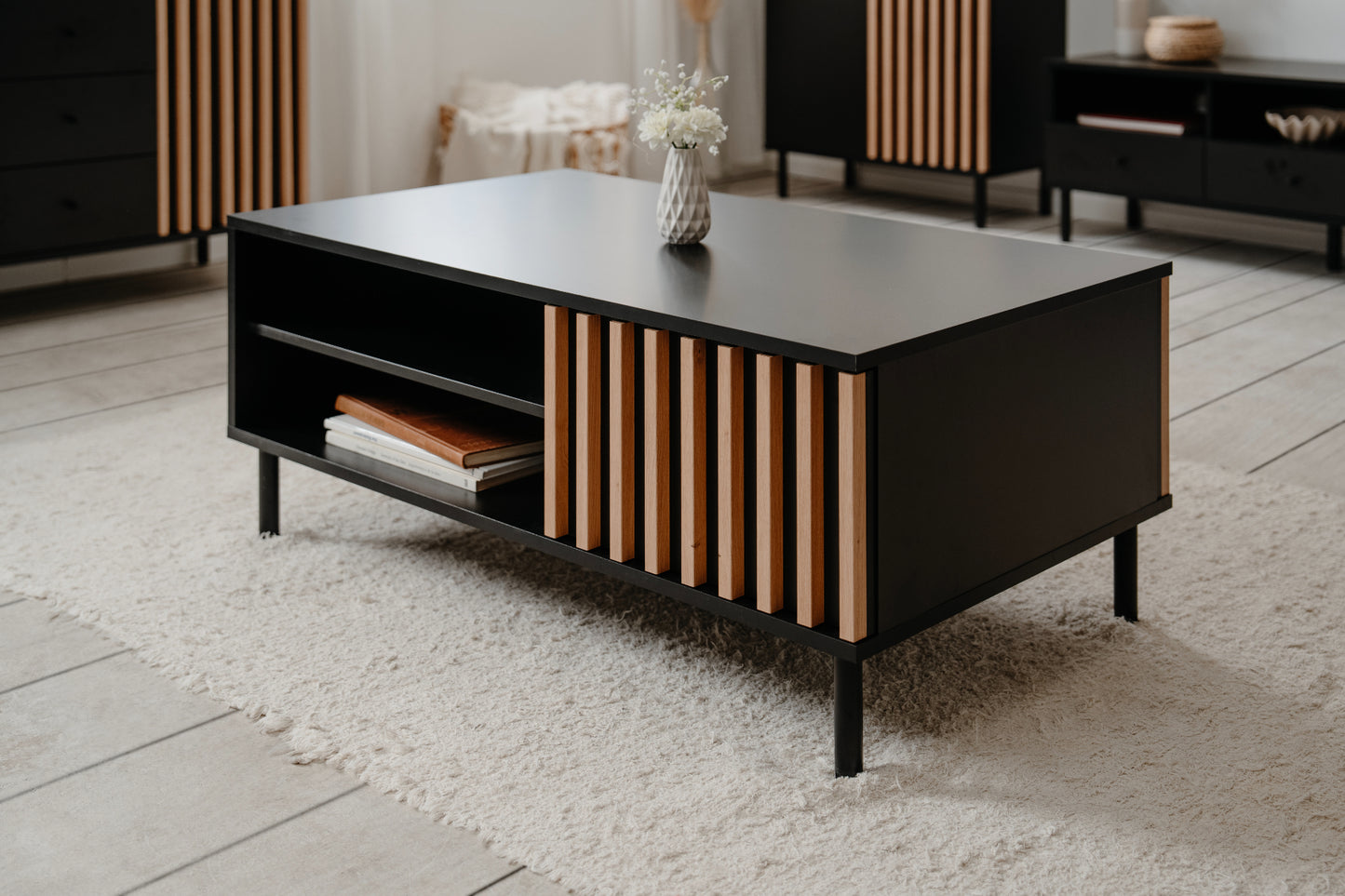 Wohnzimmer-Set Finori Monza Schwarz/Artisan-Oak mit Lamelenelemente 4-teilig