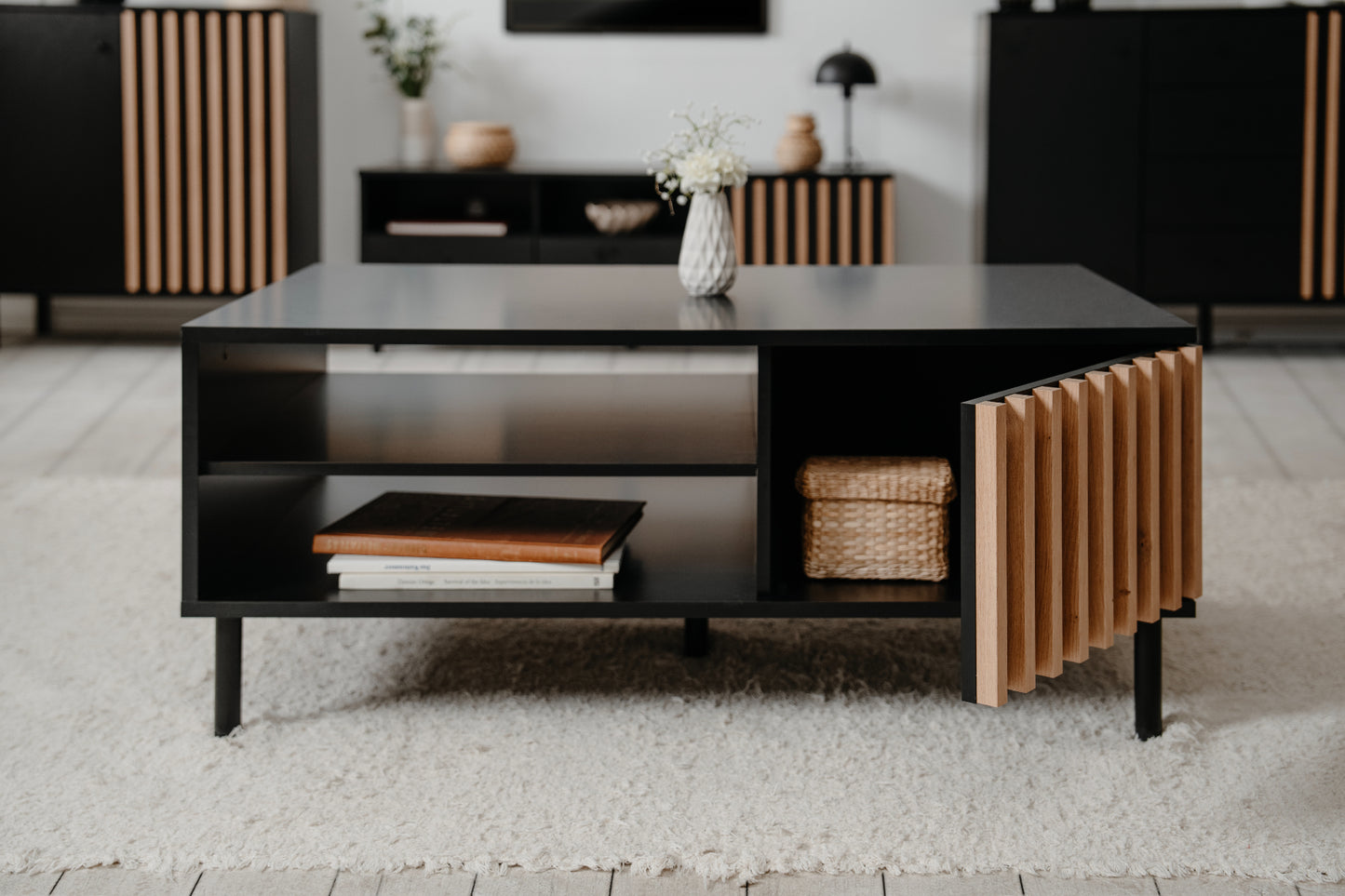 Wohnzimmer-Set Finori Monza Schwarz/Artisan-Oak mit Lamelenelemente 4-teilig