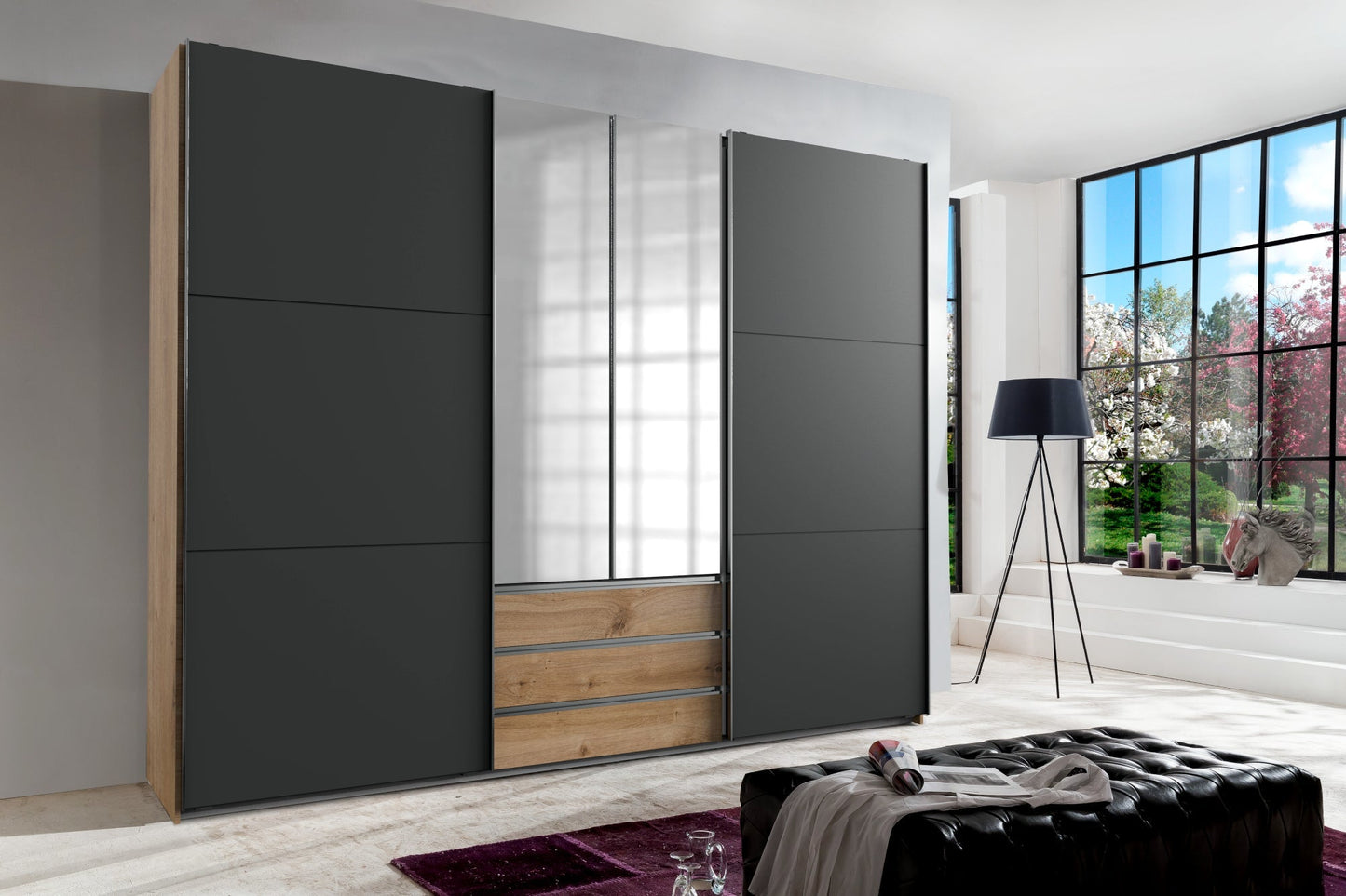 Funktions-Schwebetürenschrank Magic Holzdekor mit 2 Spiegeltüren B/H/T ca. 300 x 216 x 65 cm