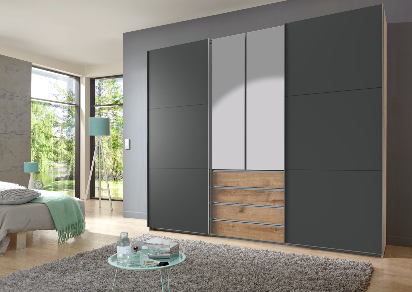 Funktions-Schwebetürenschrank Magic Holzdekor mit 2 Spiegeltüren B/H/T ca. 300 x 236 x 65 cm