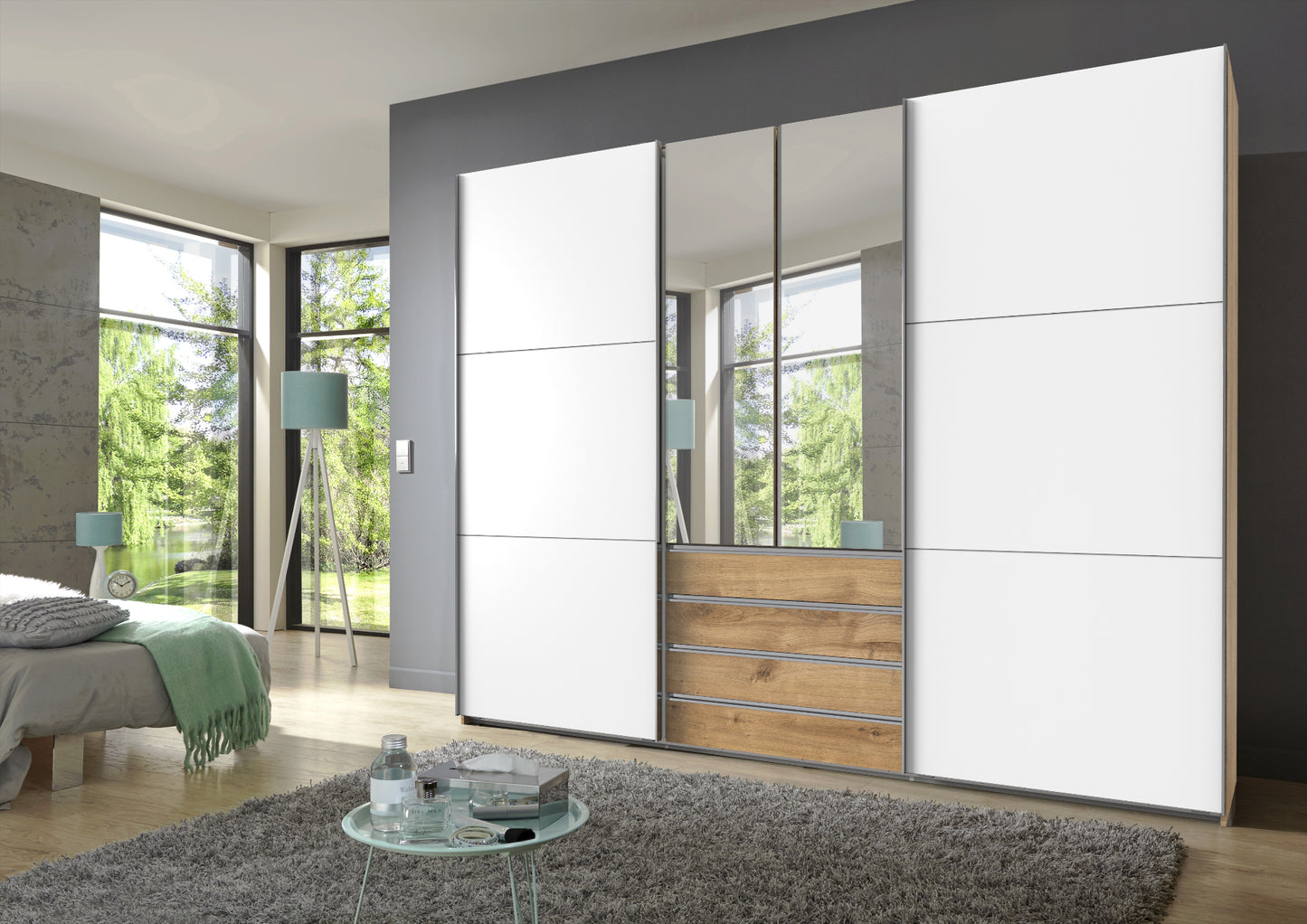 Funktions-Schwebetürenschrank Magic Holzdekor mit 2 Spiegeltüren B/H/T ca. 300 x 236 x 65 cm