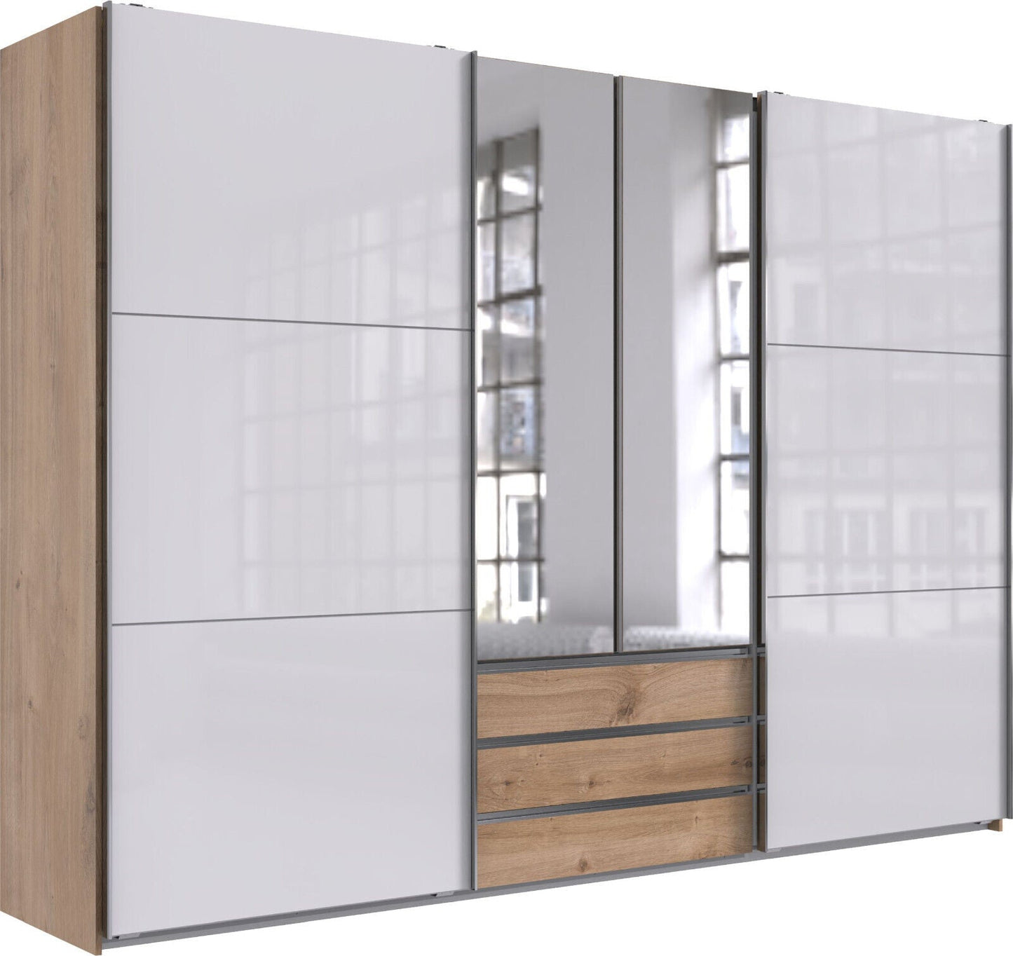 Funktions-Schwebetürenschrank Magic Holzdekor mit 2 Spiegeltüren B/H/T ca. 300 x 216 x 65 cm