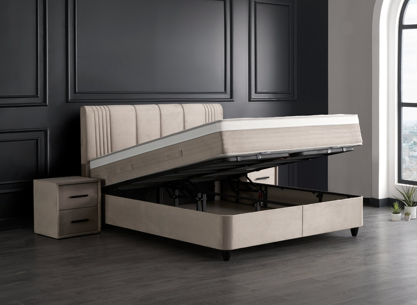 Boxspringbett Belicia Beige Voll-orthopädisches Komfortbett mit Bettkasten, Stauraum, inkl. kostenlose Lieferung und Montage