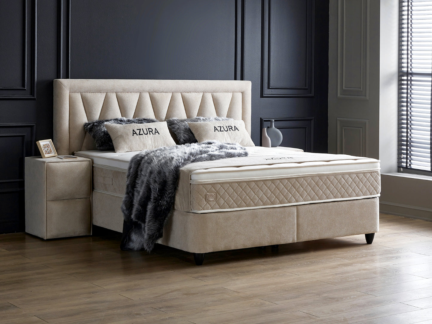 Boxspringbett Azura Beige Voll-orthopädisches Komfortbett mit Bettkasten, Stauraum, inkl. kostenlose Lieferung und Montage