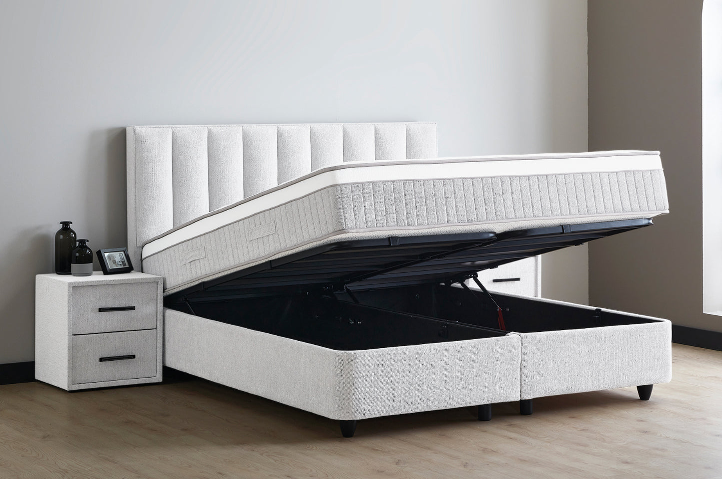 Boxspringbett Lucy Hellgrau Voll-orthopädisches Komfortbett mit Bettkasten, Stauraum, inkl. kostenlose Lieferung und Montage