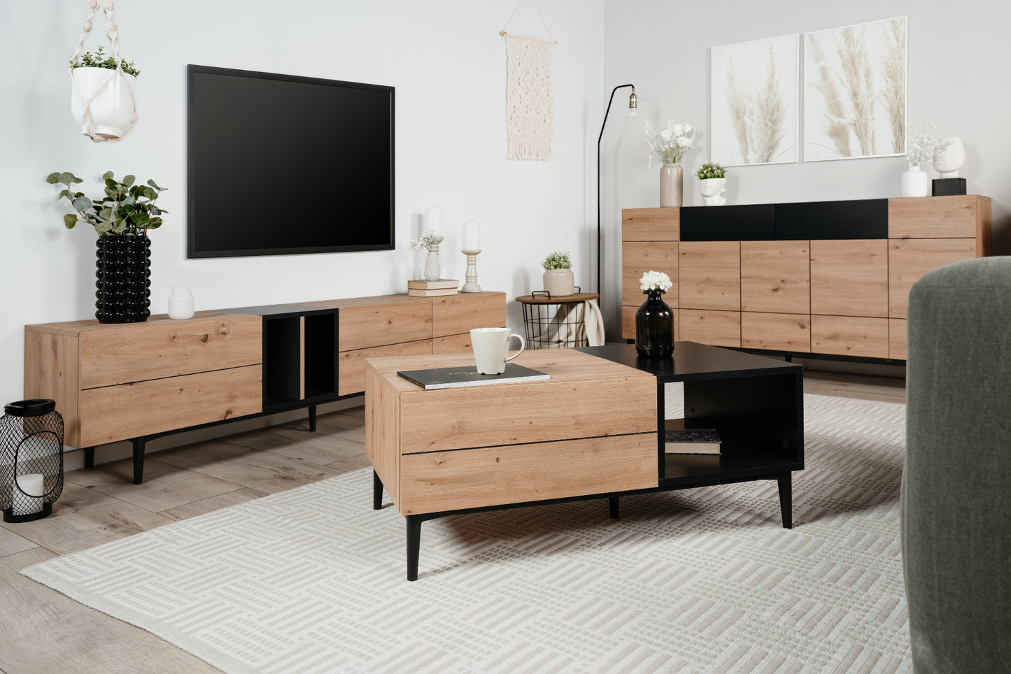Wohnzimmer-Set Finori Nola Artisan-Oak/Schwarz 3-teilig