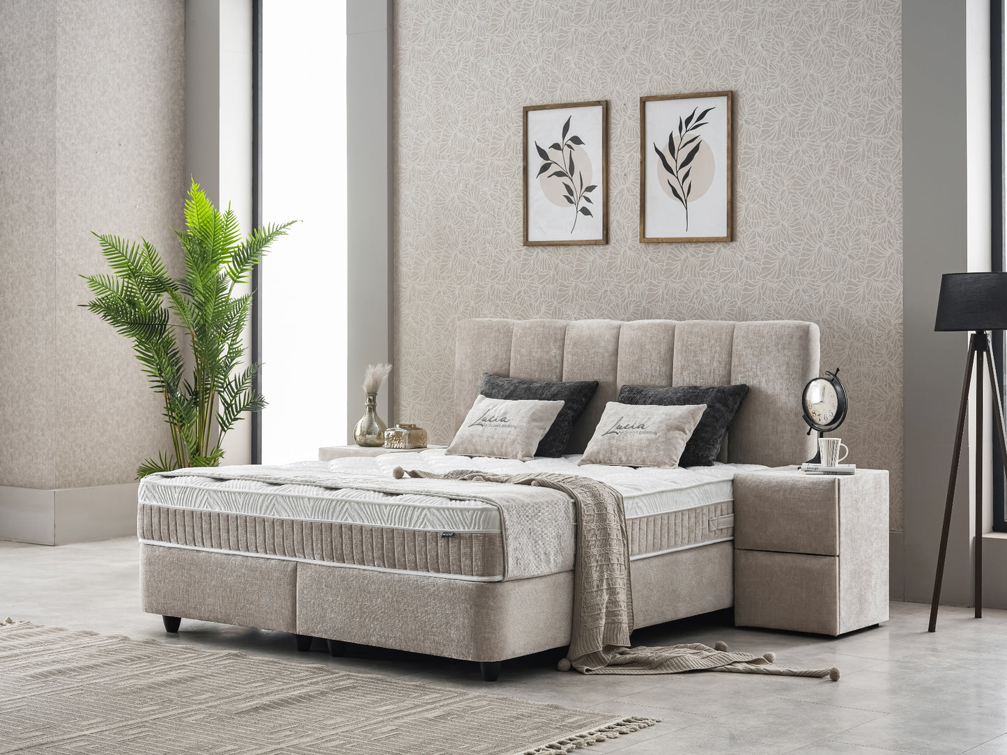 Boxspringbett Lucia Hellgrau/Beige Voll-orthopädisches Komfortbett mit Bettkasten, Stauraum, inkl. kostenlose Lieferung und Montage