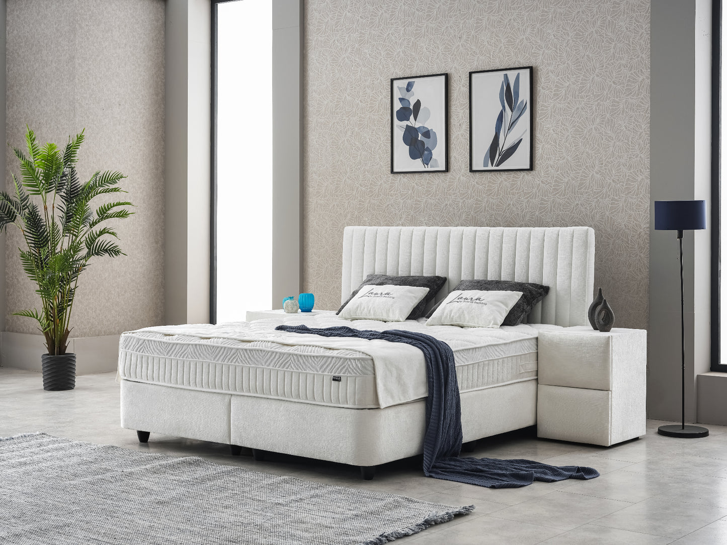 Boxspringbett Laura Cremeweiß Voll-orthopädisches Komfortbett mit Bettkasten, Stauraum, inkl. kostenlose Lieferung und Montage