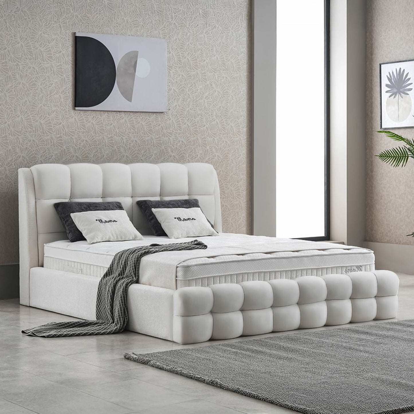 Boxspringbett Mauro Cremebeige Voll-orthopädisches Komfortbett mit Bettkasten, Stauraum, inkl. kostenlose Lieferung und Montage