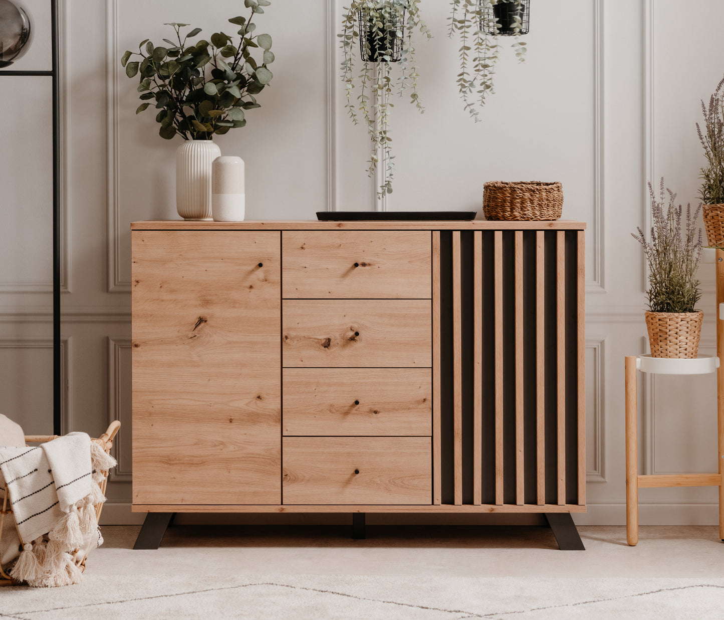 Wohnzimmer-Set Finori Medan Artisan-Oak/Anthrazit mit Lamelenelementen 4-teilig