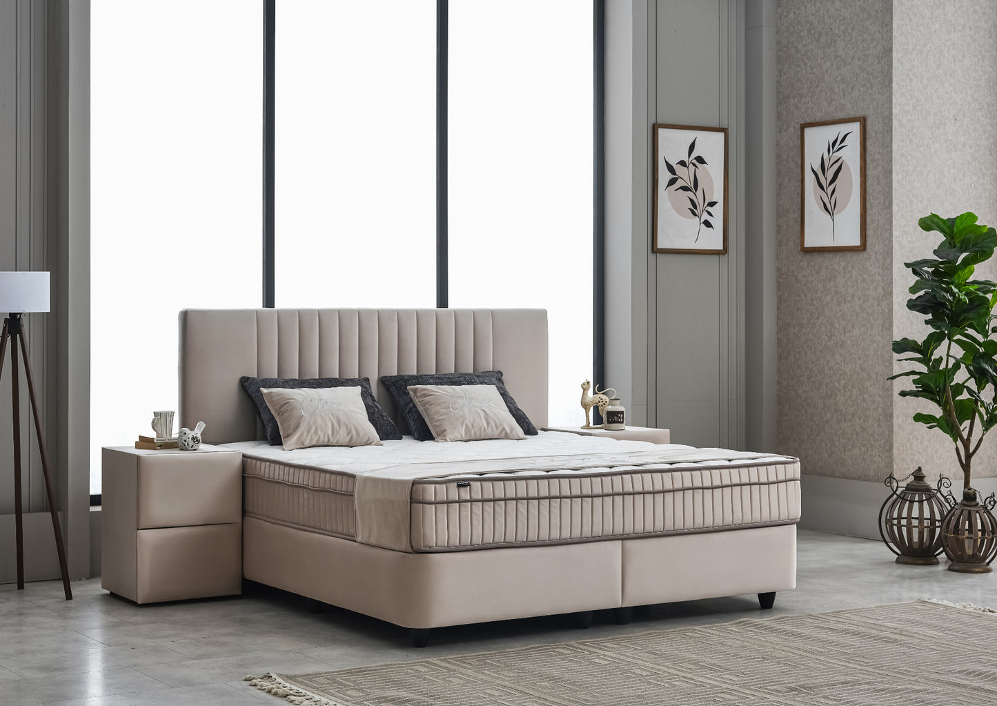 Boxspringbett Clara Beige Voll-orthopädisches Komfortbett mit Bettkasten, Stauraum, inkl. kostenlose Lieferung und Montage