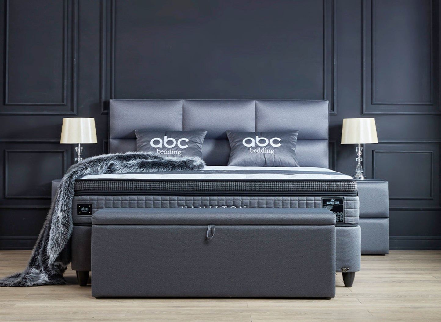 Boxspringbett Hamilton Anthrazit Voll-orthopädisches Komfortbett mit Bettkasten, Stauraum, inkl. kostenlose Lieferung und Montage