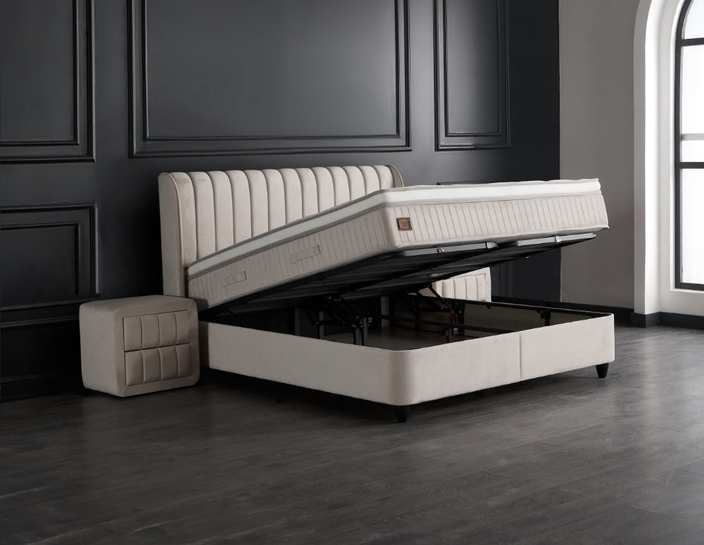 Boxspringbett Mabel Beige Voll-orthopädisches Komfortbett mit Bettkasten, Stauraum, inkl. kostenlose Lieferung und Montage
