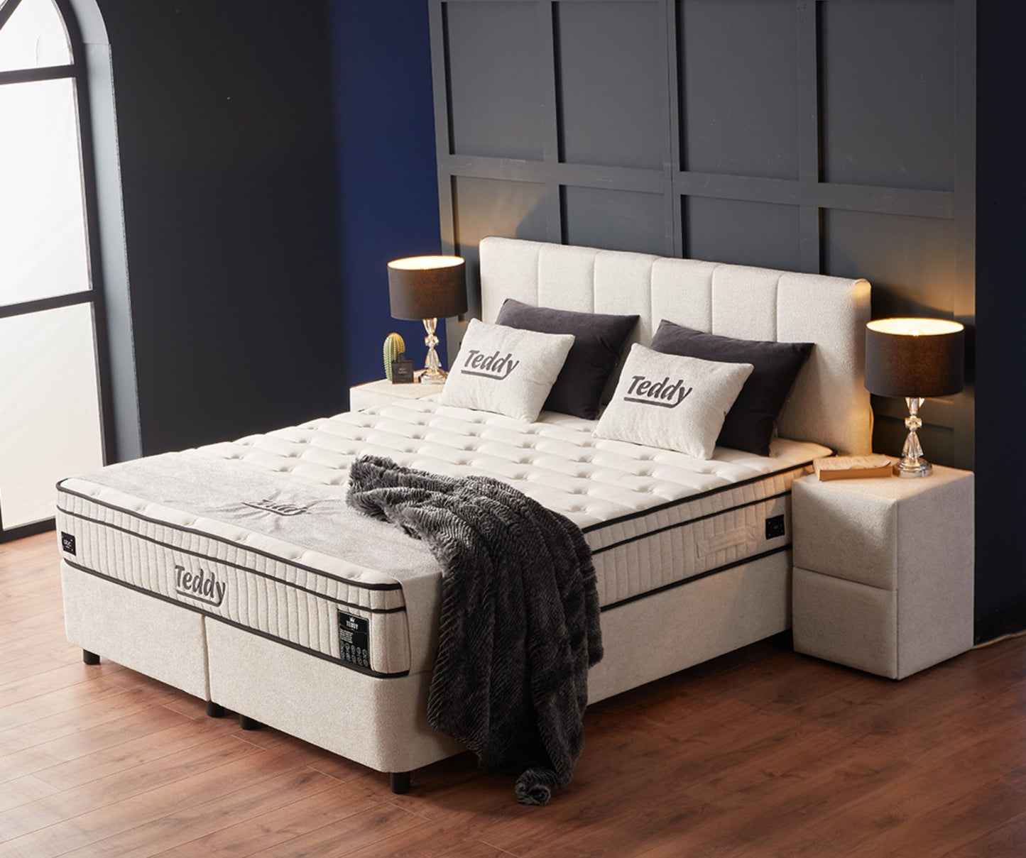 Boxspringbett Teddy Cremeweiß Voll-orthopädisches Komfortbett mit Bettkasten, Stauraum, inkl. kostenlose Lieferung und Montage