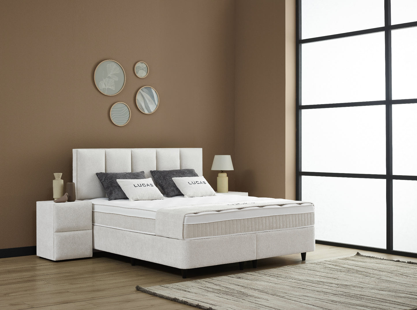 Boxspringbett Lucas Cremeweiß/Hellbeige Voll-orthopädisches Komfortbett mit Bettkasten, Stauraum, inkl. kostenlose Lieferung und Montage