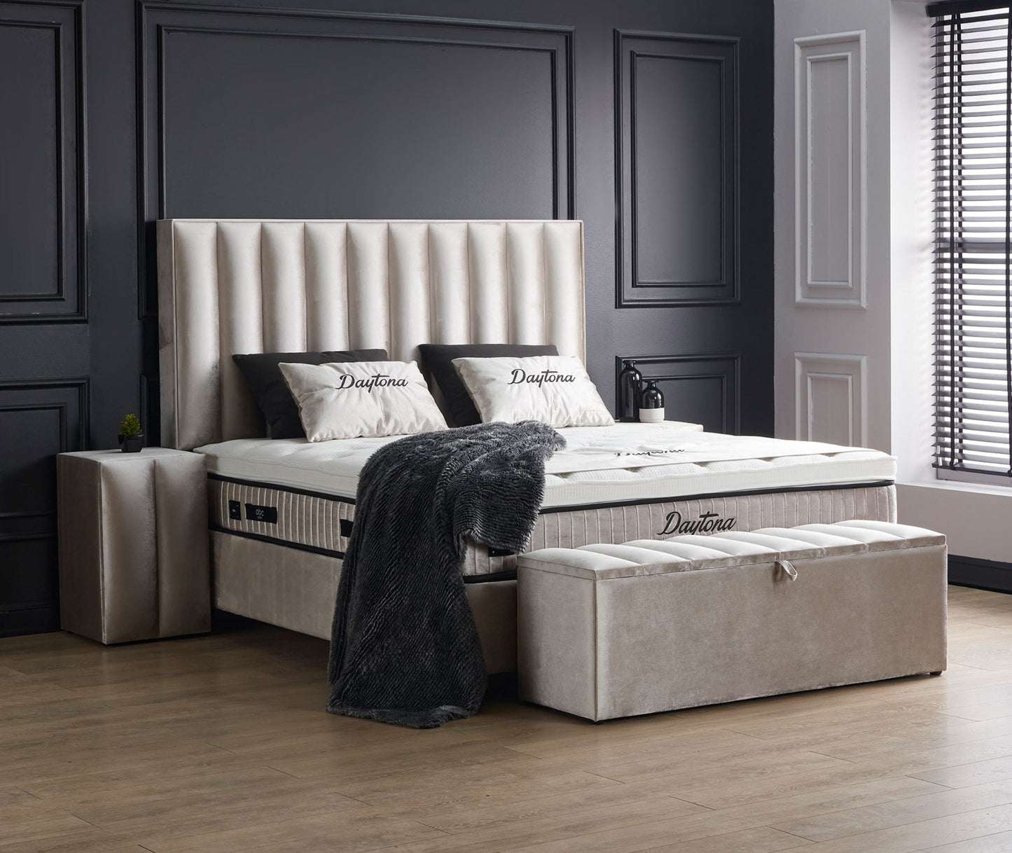 Boxspringbett Daytona Beige Voll-orthopädisches Komfortbett mit Bettkasten, Stauraum, inkl. kostenlose Lieferung und Montage
