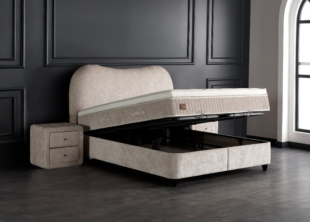 Boxspringbett Sofia Beige Voll-orthopädisches Komfortbett mit Bettkasten, Stauraum, inkl. kostenlose Lieferung und Montage