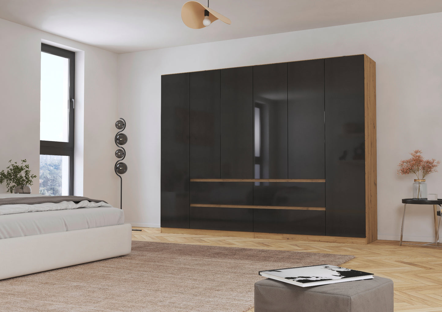 Drehtürenschrank Mainz Hochglanz 6-türig mit 4 Schubladen B/H/T ca. 270 x 210 x 54 cm