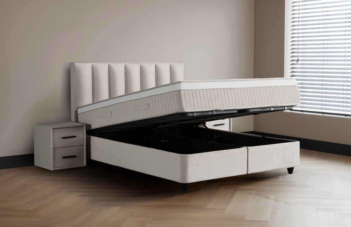 Boxspringbett Encore Beige Voll-orthopädisches Komfortbett mit Bettkasten, Stauraum, inkl. kostenlose Lieferung und Montage