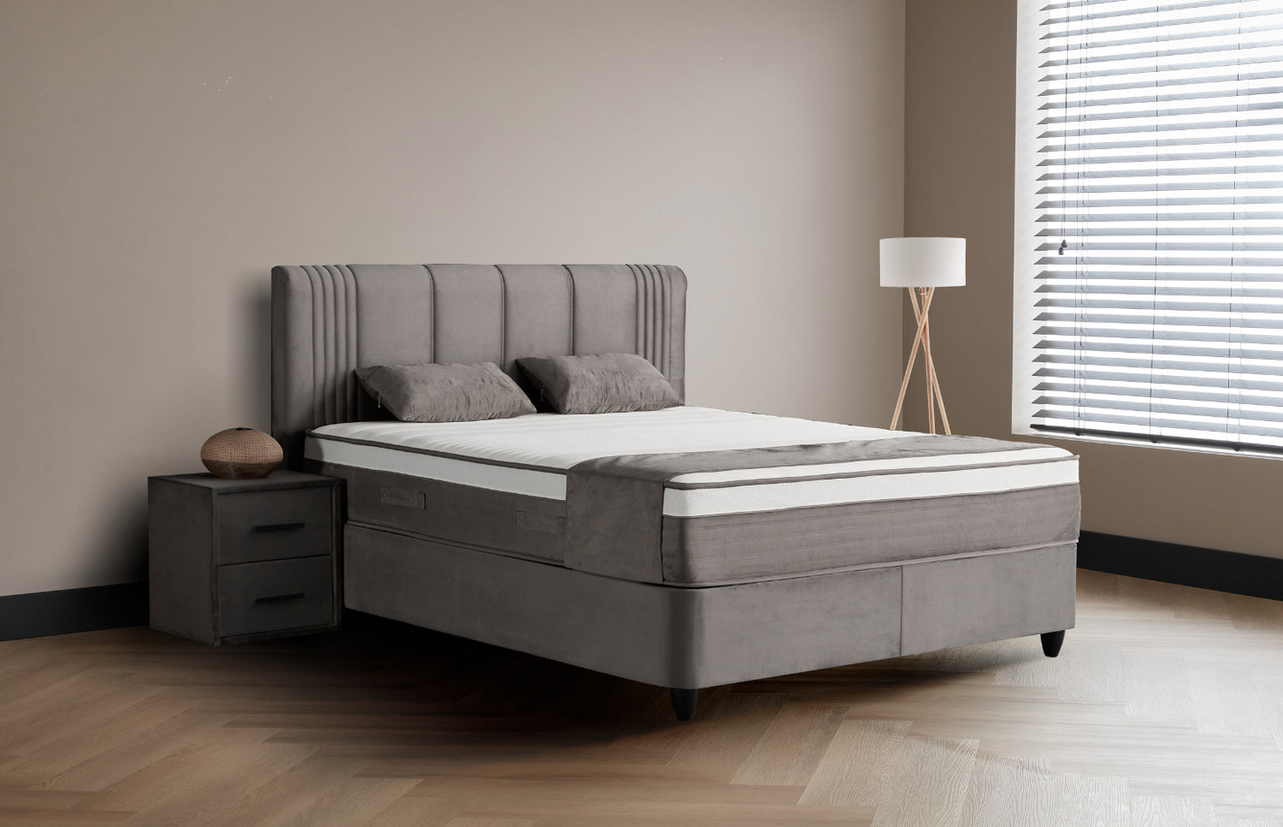 Boxspringbett Belicia Grau Voll-orthopädisches Komfortbett mit Bettkasten, Stauraum, inkl. kostenlose Lieferung und Montage