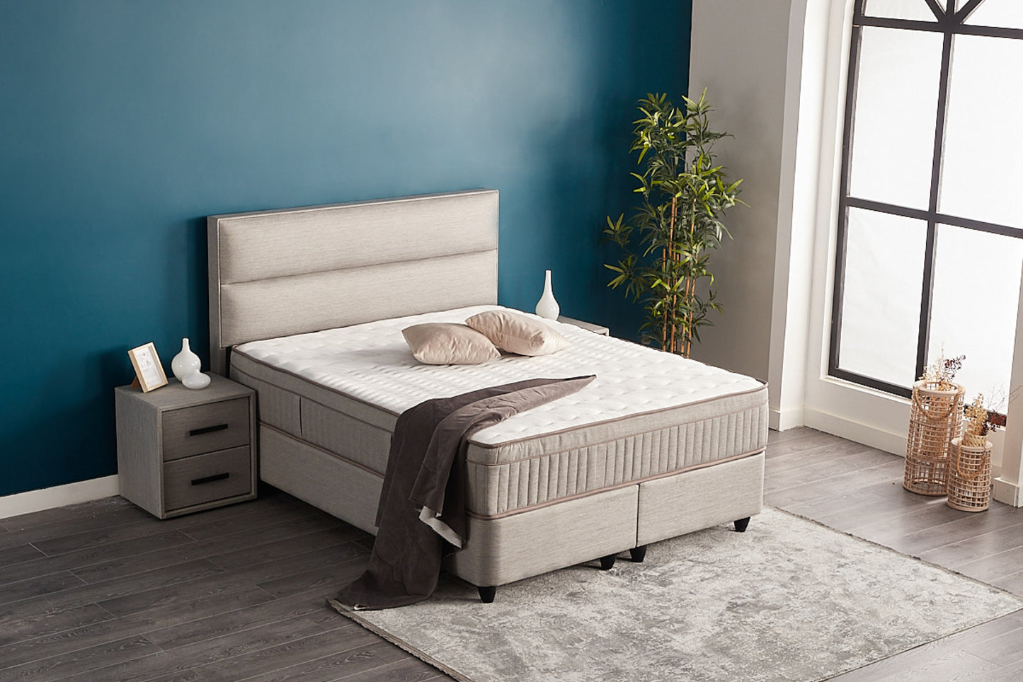 Boxspringbett Suna Hellgrau Voll-orthopädisches Komfortbett mit Bettkasten, Stauraum, inkl. kostenlose Lieferung und Montage