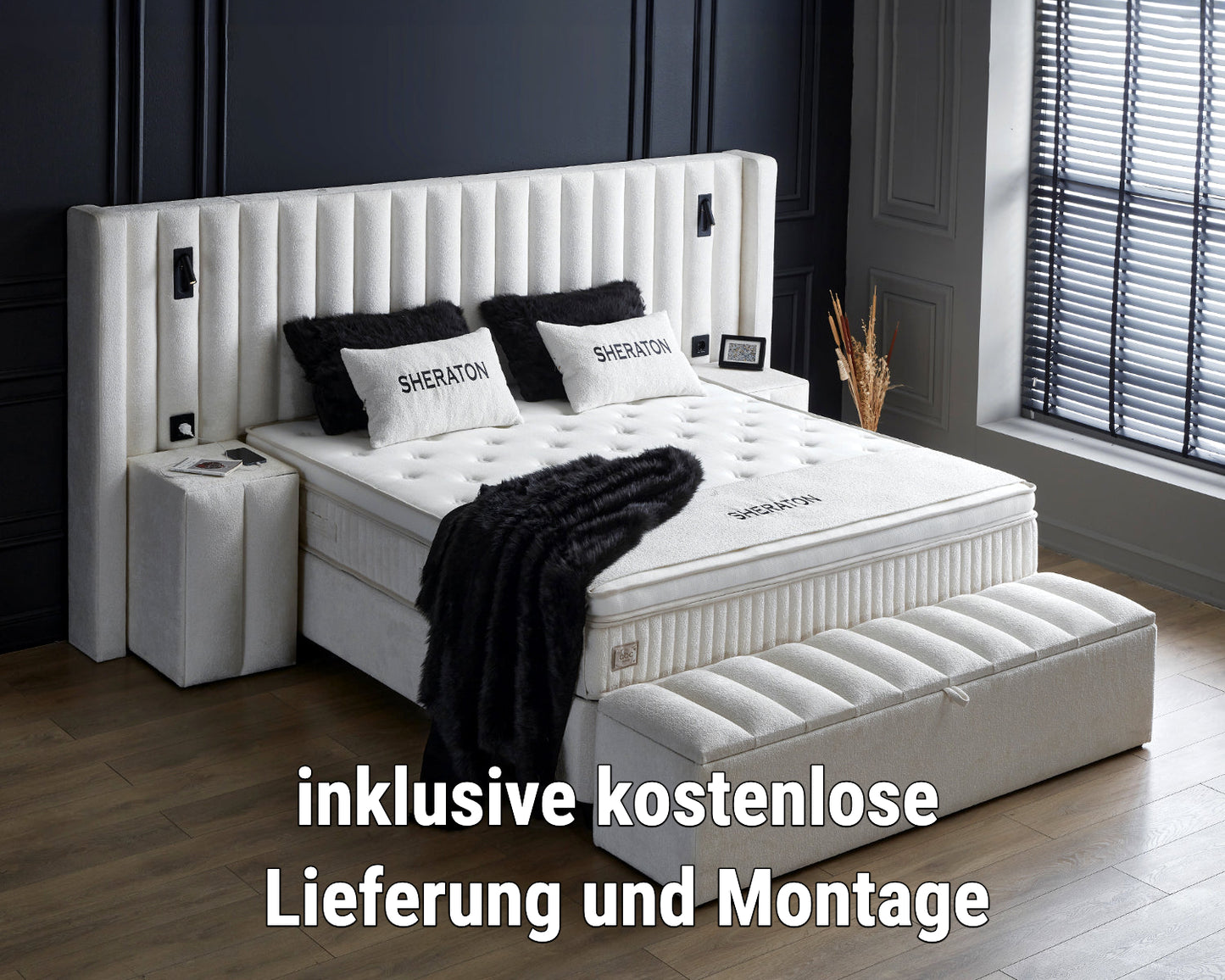 Boxspringbett Sheraton Cremeweiß Voll-orthopädisches Komfortbett mit Bettkasten, Stauraum, inkl. kostenlose Lieferung und Montage, inkl. Beleuchtung und integrierten Steckdosen im Kopfteil