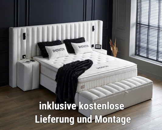 Boxspringbett Sheraton Cremeweiß Voll-orthopädisches Komfortbett mit Bettkasten, Stauraum, inkl. kostenlose Lieferung und Montage, inkl. Beleuchtung und integrierten Steckdosen im Kopfteil