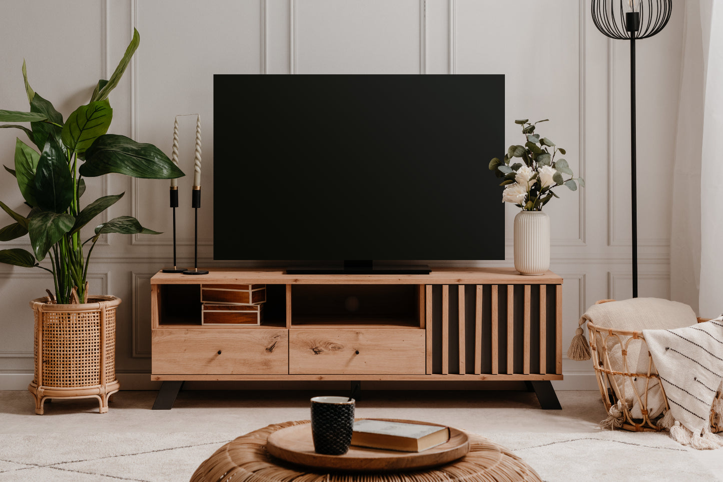 Wohnzimmer-Set Finori Medan Artisan-Oak/Anthrazit mit Lamelenelementen 4-teilig