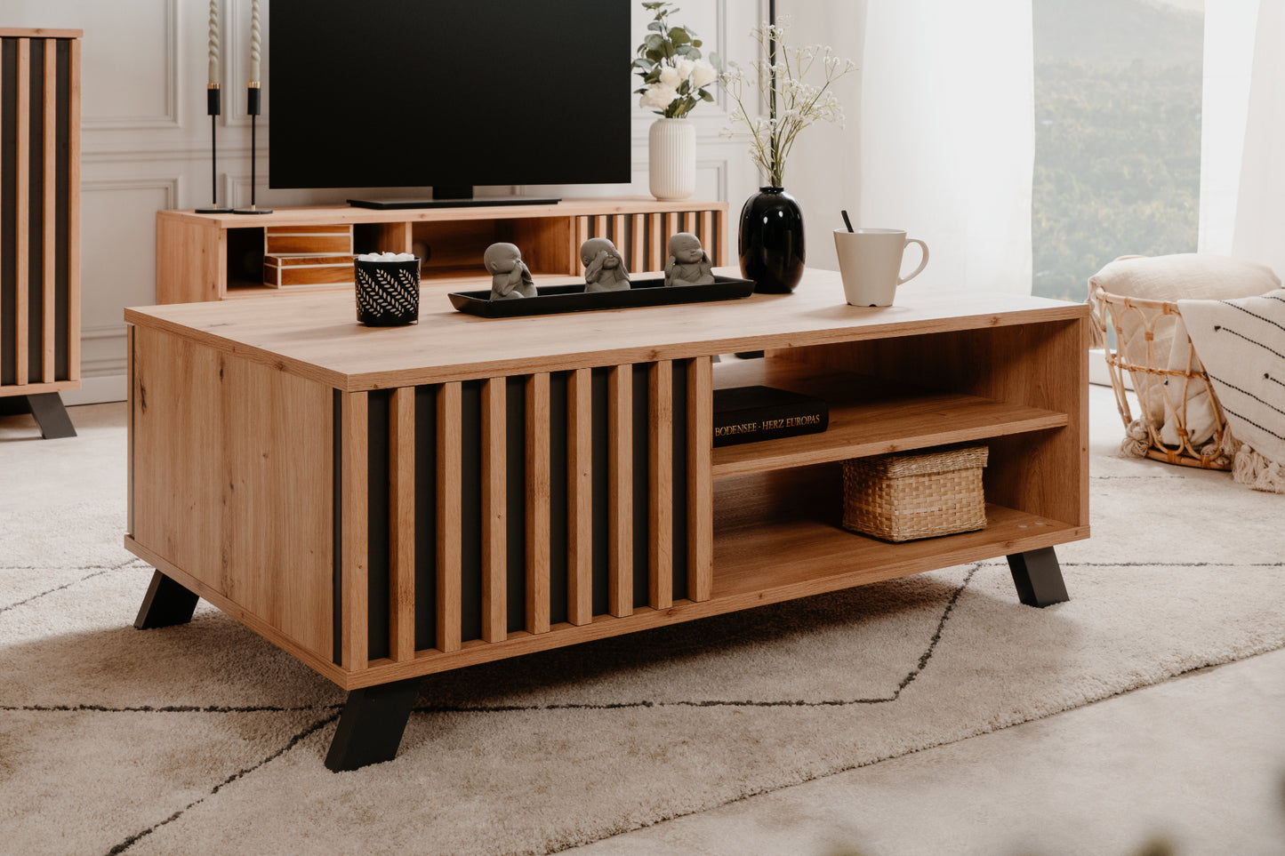 Wohnzimmer-Set Finori Medan Artisan-Oak/Anthrazit mit Lamelenelementen 4-teilig