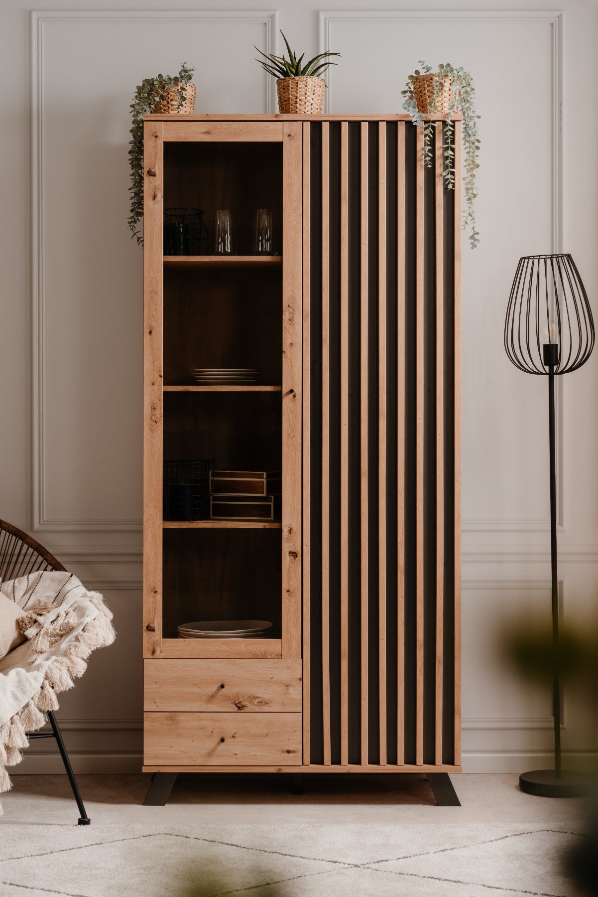 Wohnzimmer-Set Finori Medan Artisan-Oak/Anthrazit mit Lamelenelementen 4-teilig