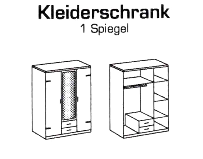 Drehtürenschrank Liverpool Jugenzimmer 3-türig mit Spiegeltür und 2 Schubladen B/H/T ca. 135 x 198 x58 cm