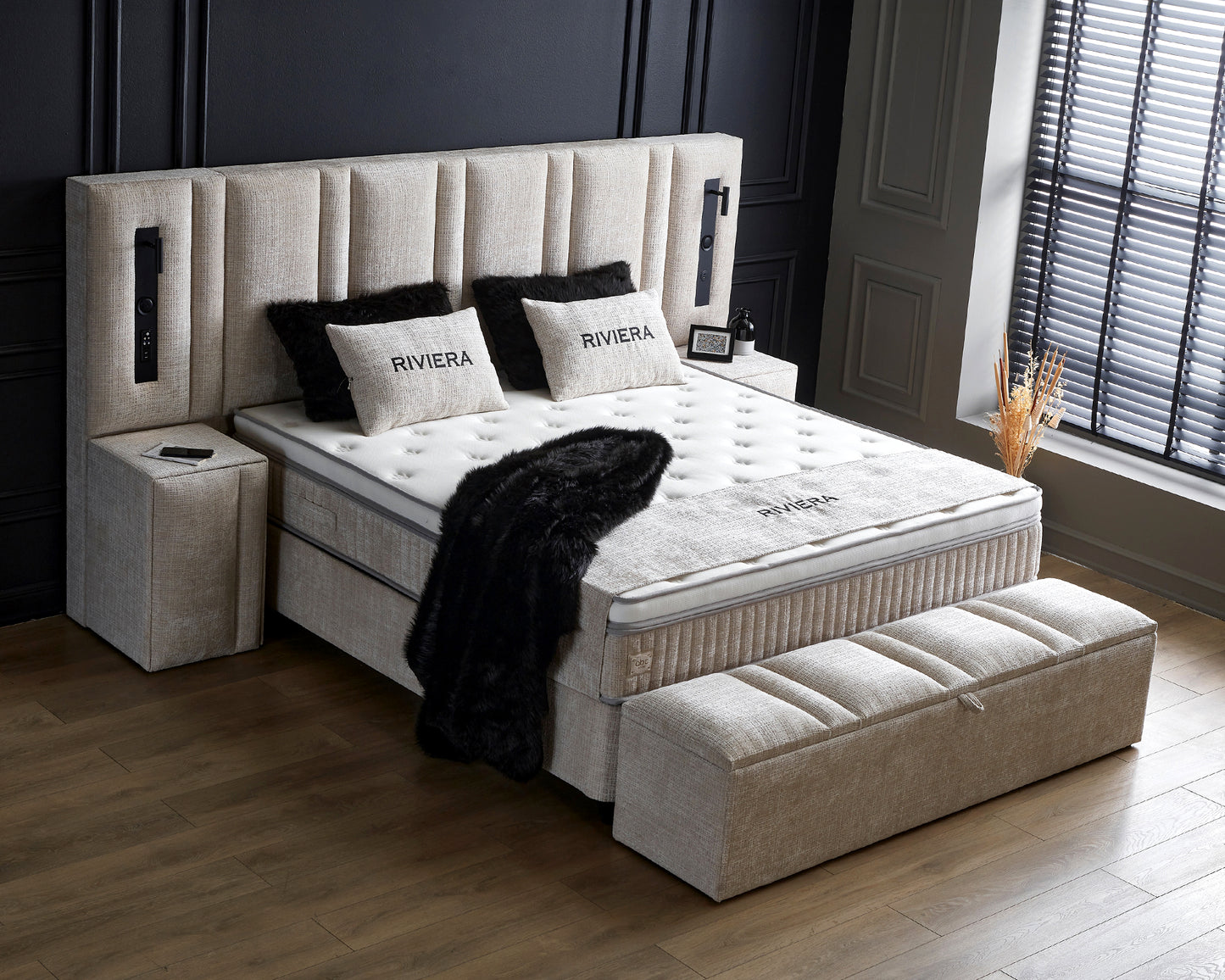 Boxspringbett Riviera Sandbeige Voll-orthopädisches Komfortbett mit Bettkasten, Stauraum, inkl. kostenlose Lieferung und Montage, inkl. Beleuchtung und integrierten USB-Steckdose im Kopfteil