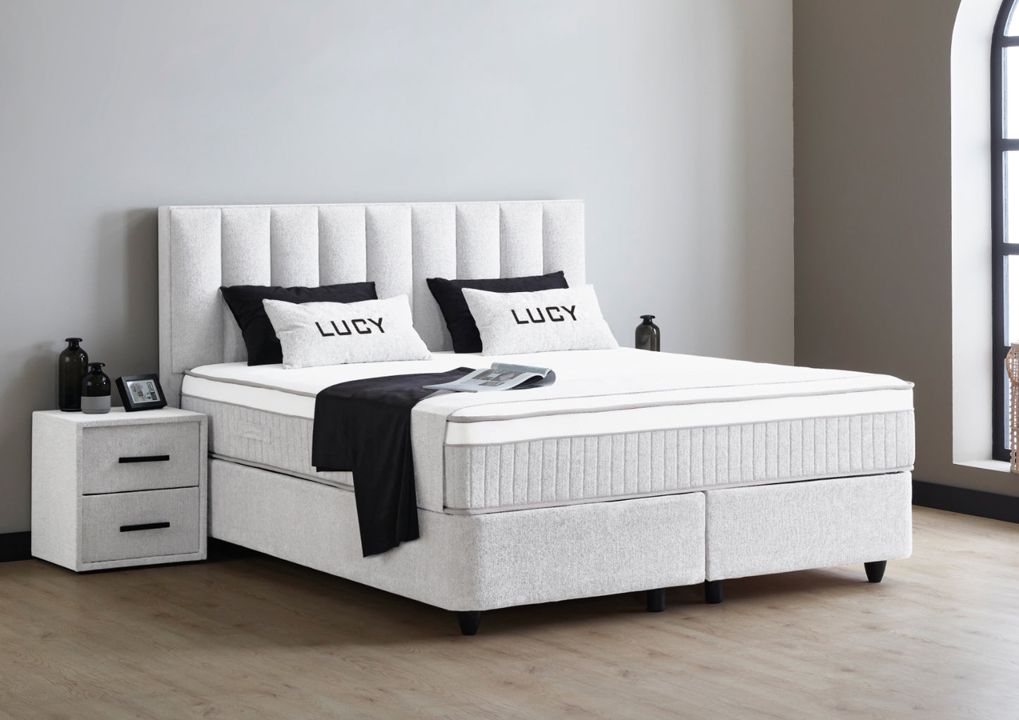 Boxspringbett Lucy Hellgrau Voll-orthopädisches Komfortbett mit Bettkasten, Stauraum, inkl. kostenlose Lieferung und Montage