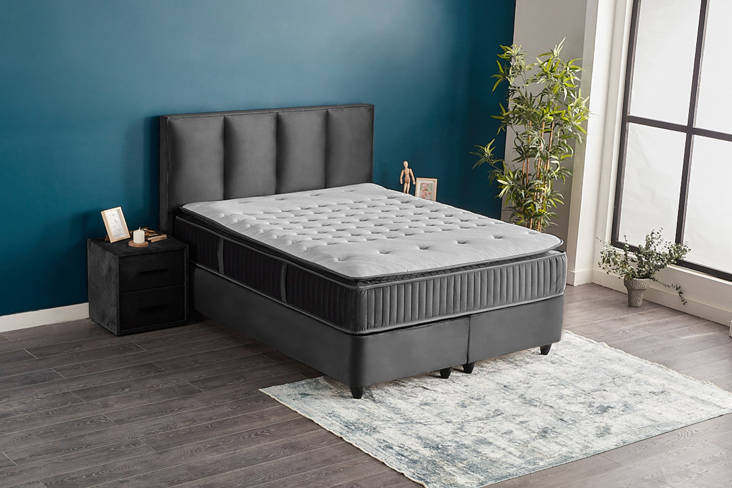 Boxspringbett Nora Grau Voll-orthopädisches Komfortbett mit Bettkasten, Stauraum, inkl. kostenlose Lieferung und Montage